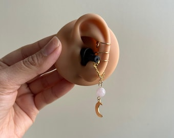 Gold Rose Quartz Moon Earplug Ear Cuffs