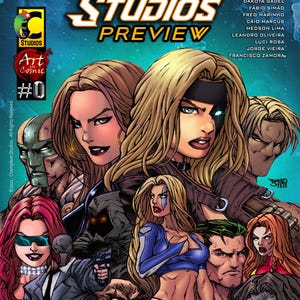 May include: A comic book cover featuring a group of characters, including a woman with blonde hair and a black eye patch, a woman with red hair wearing sunglasses, and a man with green hair. The cover is titled "Art in Comic #0" and features the text "Chameleon Studios Preview".