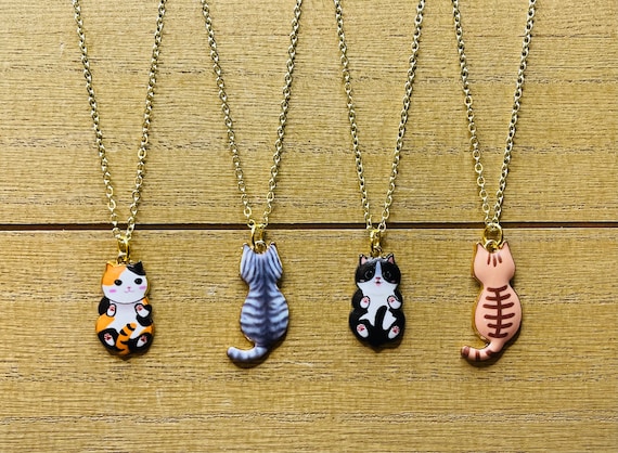 Cat Charm Necklace: Calico, Tabby, Black & White, Gold Plated