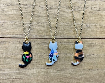 Floral Cat Charm Necklace: Gold Plated Brass, 18 Inch Chain
