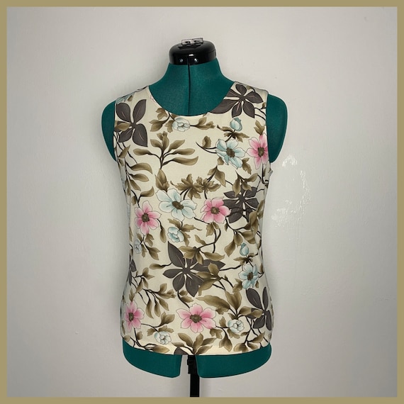 Beige Tan Tank Top With Pink Blue Floral Print Charter Club