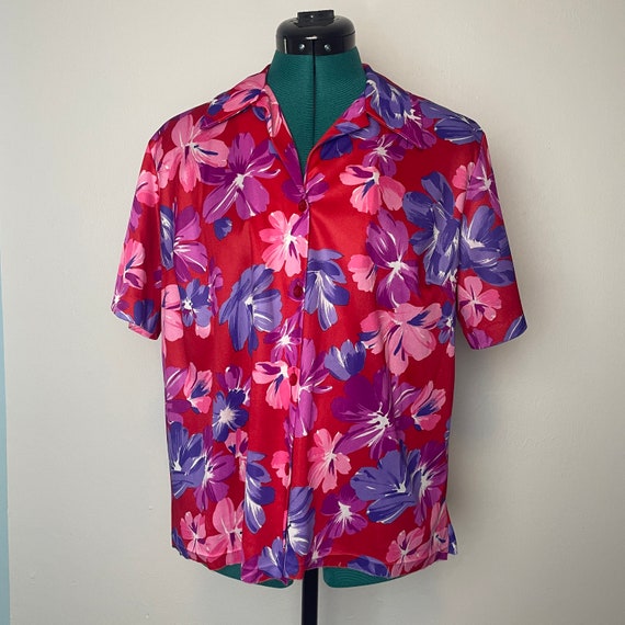 Pink Purple & Red Floral Print Short Sleeve Colla… - image 2