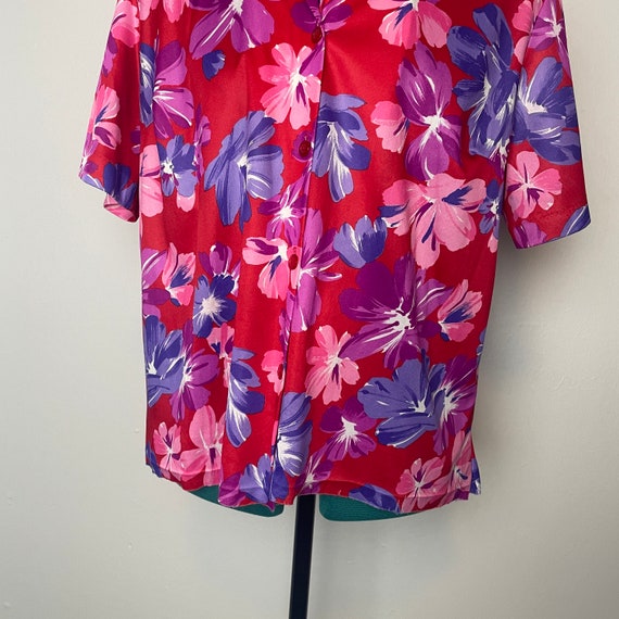 Pink Purple & Red Floral Print Short Sleeve Colla… - image 7