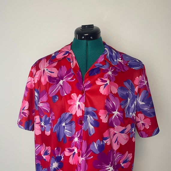 Pink Purple & Red Floral Print Short Sleeve Colla… - image 4