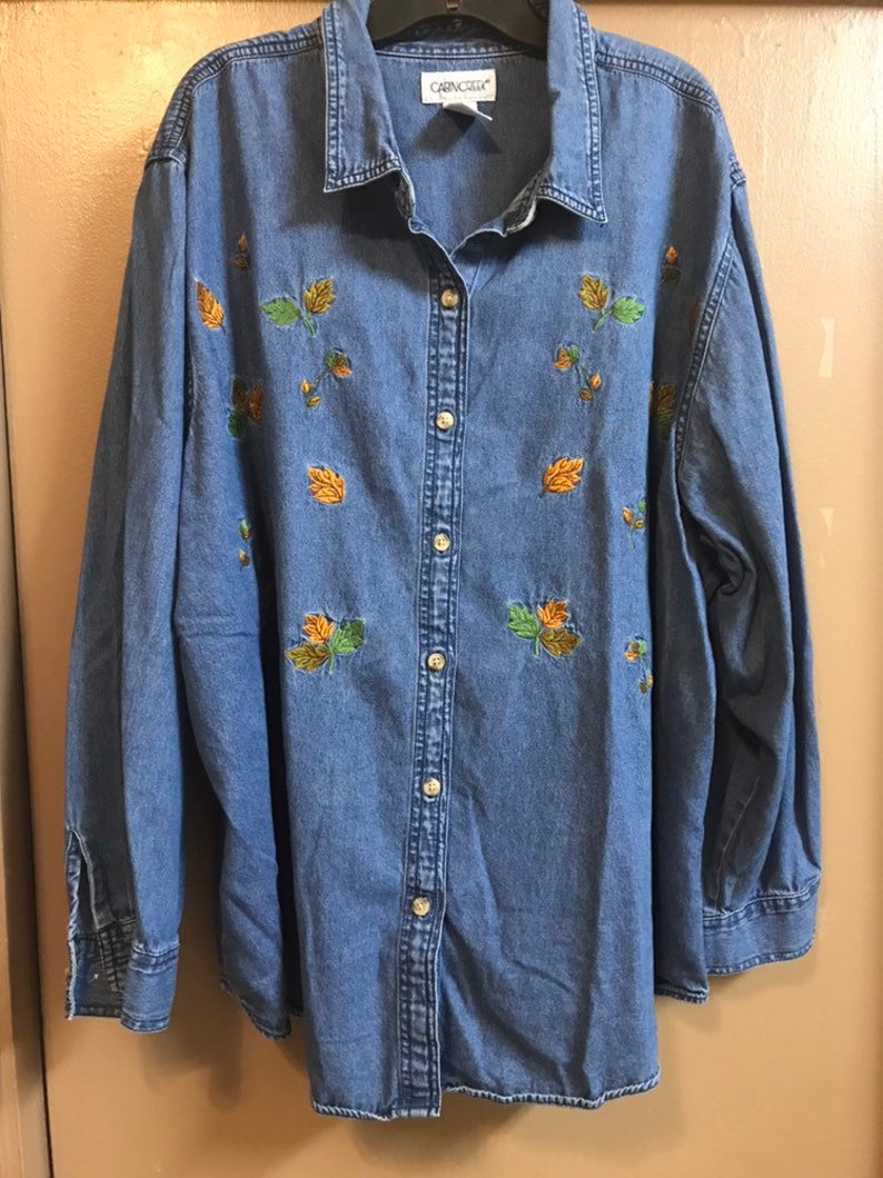 Cabin Creek Denim Shirt With Embroidered Leaves Etsy