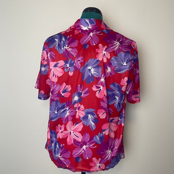 Pink Purple & Red Floral Print Short Sleeve Colla… - image 6