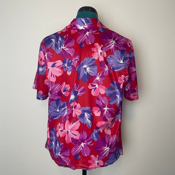 Pink Purple & Red Floral Print Short Sleeve Colla… - image 3