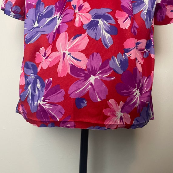 Pink Purple & Red Floral Print Short Sleeve Colla… - image 9