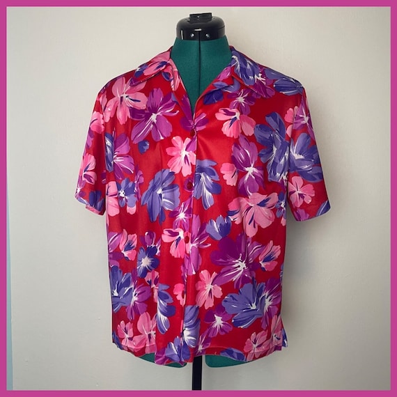 Pink Purple & Red Floral Print Short Sleeve Colla… - image 1