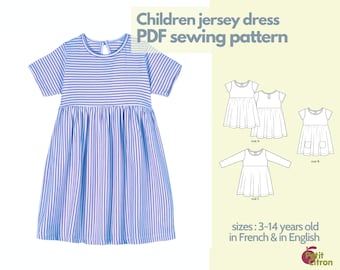 Sewing pattern - jersey dress for children - 3 to 14 years old - instant PDF