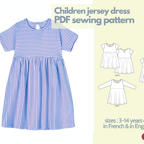 Sewing pattern - jersey dress for children - 3 to 14 years old - instant PDF