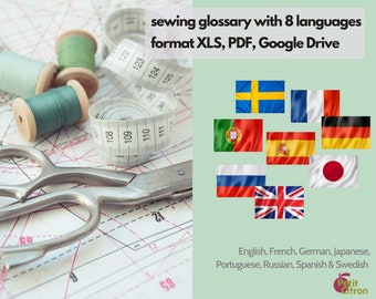 Sewing glossary, 8 languages: German, English, Spanish, French, Japanese, Portuguese, Russian and Swedish