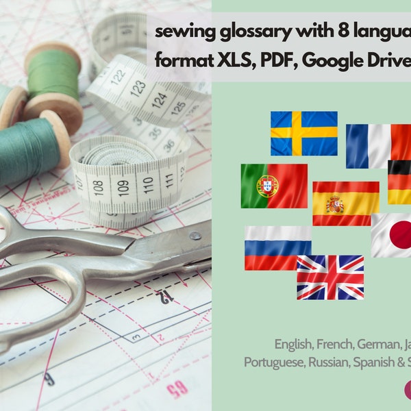 Sewing glossary, 8 languages: German, English, Spanish, French, Japanese, Portuguese, Russian and Swedish