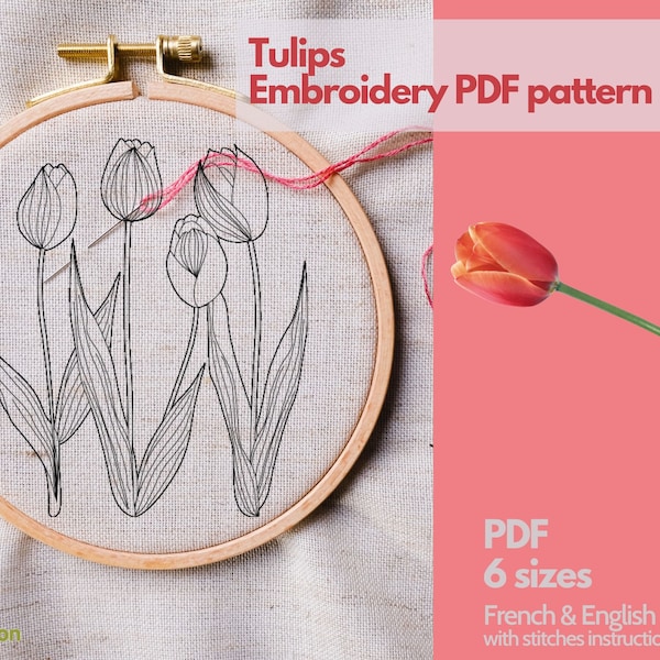 Hand embroidery chart - tulips, spring, nature, botanical, art design, flowers, floral arrangement -PDF file