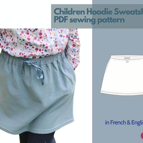 Sewing pattern - gathered skirt with pockets for children, French & English - 3 to 14 years old - instant PDF