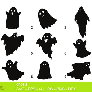 Fichiers de découpe - 9 fantômes pour Halloween :  SVG, EPS, DXF, ai,png, jpg, pdf pour Silhouette, Cricut, ScanNCut