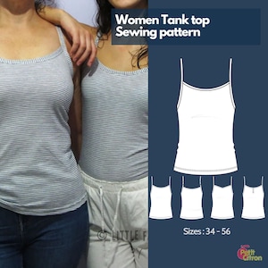 Könnte beinhalten: Schnittmuster für ein Damen-Tanktop mit einer Illustration eines weißen Tanktops und vier Größenoptionen: 34-56. Das Schnittmuster ist von Petit Citron.