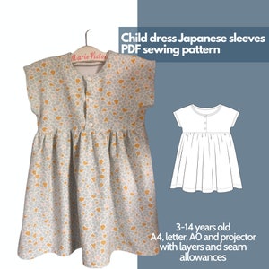 Puede incluir: Un patrón de costura PDF para un vestido infantil con mangas japonesas. El patrón incluye instrucciones para tallas de 3 a 14 años y está diseñado para imprimirse en papel A4, papel carta, papel AO o utilizando un proyector. El patrón incluye márgenes de costura y capas para facilitar la impresión y el corte.