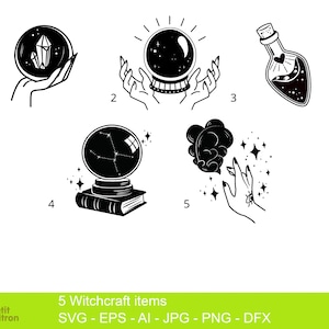 Fichiers de découpe - 5 éléments de sorcière sorcellerie pour Halloween :  SVG, EPS, DXF, ai,png, jpg, pdf pour Silhouette, Cricut, ScanNCut