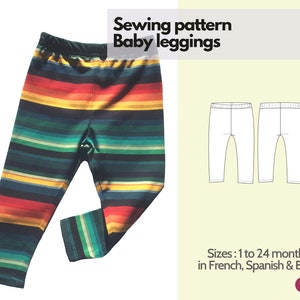 Peut inclure: Patron de couture pour leggings bébé, tailles 1 à 24 mois, en français, espagnol et anglais. Le patron comprend une paire de leggings rayés colorés.