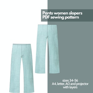 Può includere: Un cartamodello digitale per pantaloni, mostrato come un disegno a linee su uno sfondo blu chiaro. Il cartamodello è disponibile nelle taglie 34-56 e può essere stampato su carta A4, lettera, AO o proiettore. Il cartamodello include livelli.