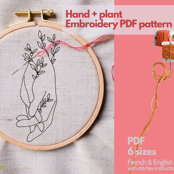 Grille de broderie à la main - main + feuilles et plante - Patron  PDF