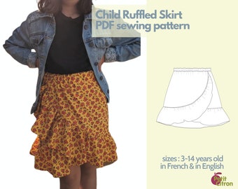 Sewing pattern - ruffled skirt for children, French & English - 3 to 14 years old - instant PDF