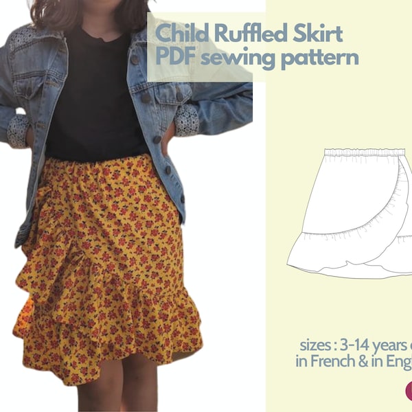 Sewing pattern - ruffled skirt for children, French & English - 3 to 14 years old - instant PDF