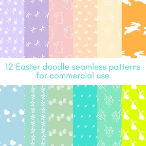 Peut inclure: Douze motifs de Pâques sans couture à utiliser commercialement. Les motifs présentent des lapins, des œufs, des fleurs et des feuilles dans différentes couleurs, notamment le rose, le bleu, le vert, le jaune et l'orange.