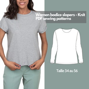 Może przedstawiać: Szara dzianinowa koszulka z podwiniętymi rękawami. Po prawej stronie obrazu znajduje się rysunek liniowy koszulki z długim rękawem. Tekst "Women bodice slopers - Knit PDF sewing patterns" znajduje się w górnej części obrazu. Tekst "Taille 34 au 56" znajduje się w dolnej części obrazu.