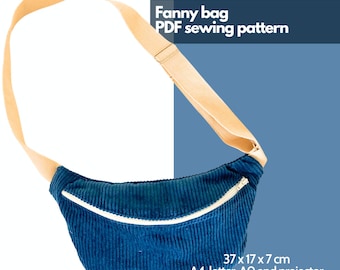 May include: A blue corduroy fanny bag with a beige strap and zipper. The bag measures 14.5 x 6.7 x 2.7 inches. Text on the image reads "Fanny bag PDF sewing pattern".