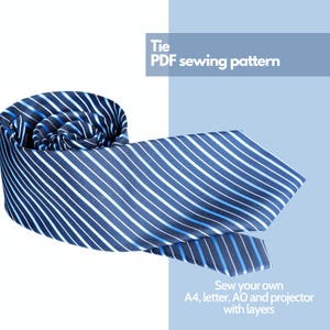Può includere: Cravatta blu arrotolata con strisce bianche e azzurre. Il testo "Tie PDF sewing pattern" è visibile. È visibile anche il testo "Sew your own A4, letter, AO and projector with layers".