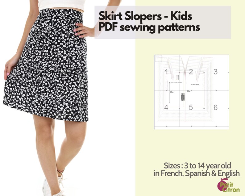 Sewing pattern Skirt slopers French, English & Spanish 3 14 year old instant PDF image 1