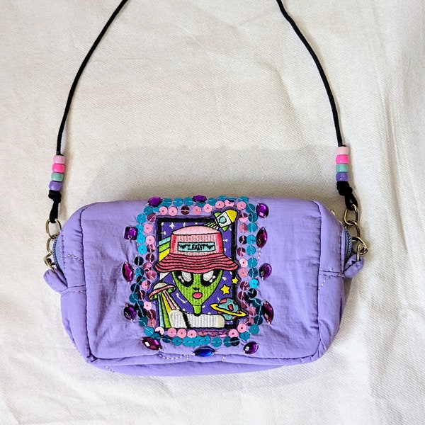 Kawaii Alien Mini Handbag Purse Bag 16cm, Womens Girls Harajuku Fashion, Purple Pastel Colourful Space Sequins Gems Festival Rave Wear
