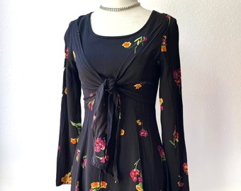 Vintage 90’s Betsey Johnson Black Floral Long Sleeve Tie Front Mini Dress XS S