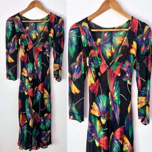 Vintage 90’s Betsey Johnson Black Floral Rainbow Sheer Long Sleeve Dress P XS