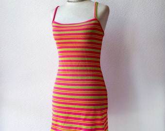 Vintage 90’s Tripp NYC Neon Pink Yellow Green Ribbed Mini Dress S