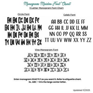 以下が含まれることがあります： 3文字のモノグラムフォントオプションを表示する白いチャート。サークル、ケイレブ、ヴァインのフォントが含まれており、アルファベットの各文字の例が示されています。モノグラムの入力方法に関する指示が記載されており、更新日は11/2025です。