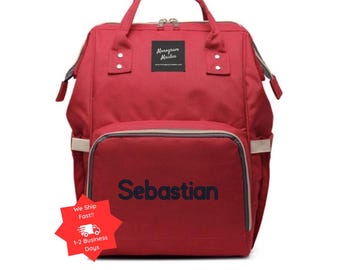 Zaino per pannolini in tela rossa - Monogramma personalizzato, regalo per baby shower