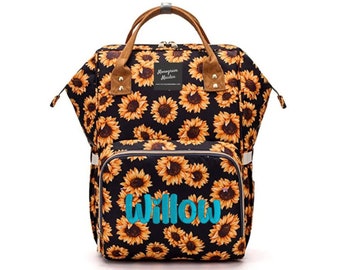 Sunflower Diaper Bag Backpack - Embroidered Nappy Bag - Custom Diaper Backpack - Personalized Monogram Bag - Baby Shower Gift