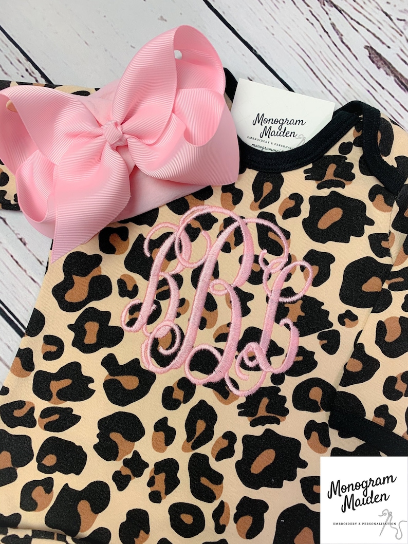 Monogram Newborn Girl Leopard Pink Coming Home Outfit Baby Girl Personalized Gown Sleeper Layette onesie Girl Gift Cheetah Animal Print