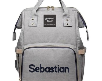 Embroidered Diaper Bag Backpack – Personalized Silver Gray Canvas Nappy Bag