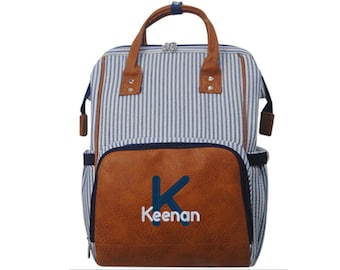 Navy Seersucker Diaper Bag Backpack – Embroidered, Personalized, Baby Shower Gift