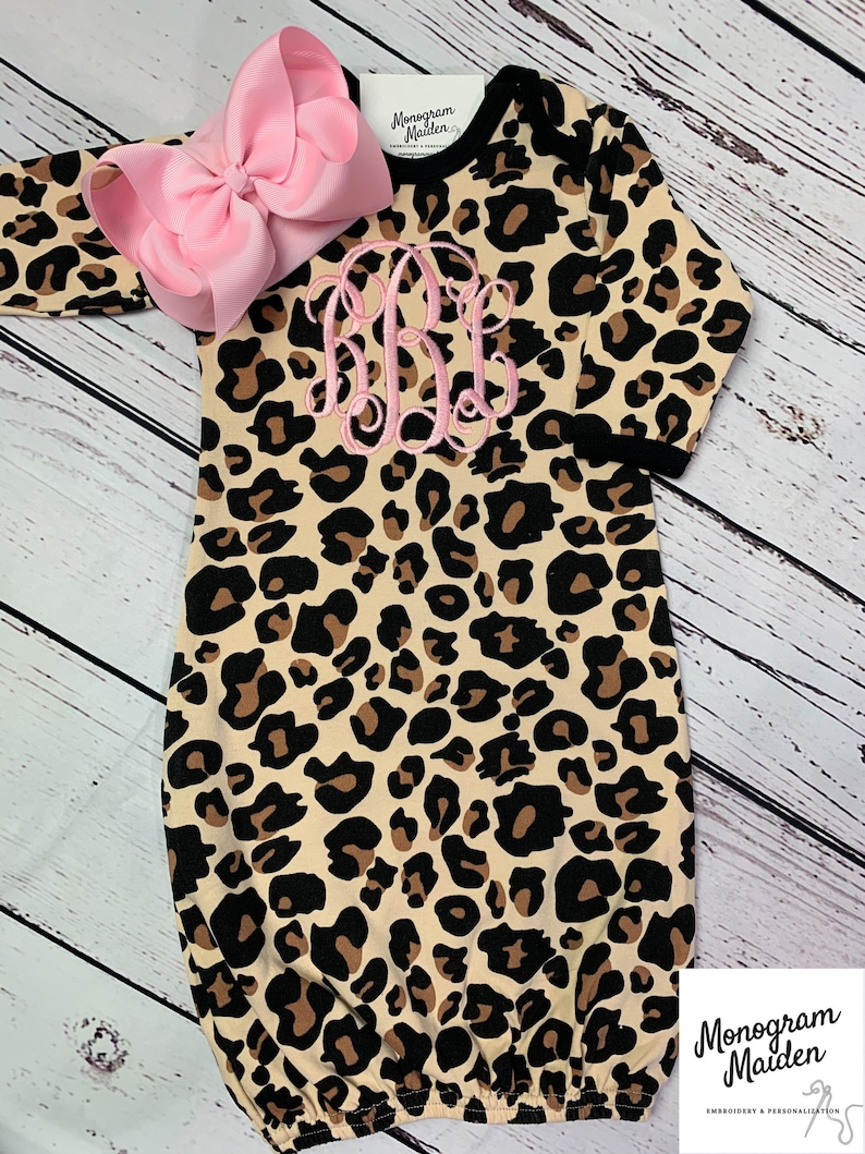 Monogram Newborn Girl Leopard Pink Coming Home Outfit Baby Girl Personalized Gown Sleeper Layette onesie Girl Gift Cheetah Animal Print