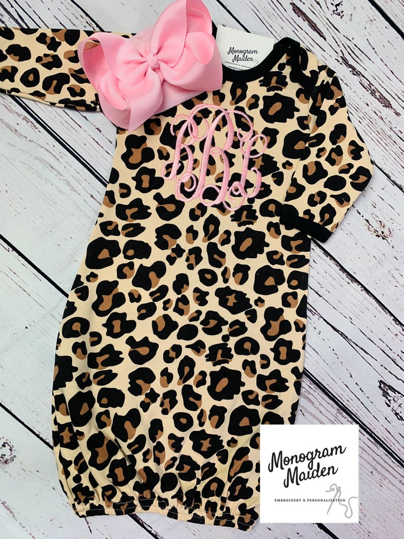 Monogram Newborn Girl Leopard Pink Coming Home Outfit Baby Girl Personalized Gown Sleeper Layette onesie Girl Gift Cheetah Animal Print