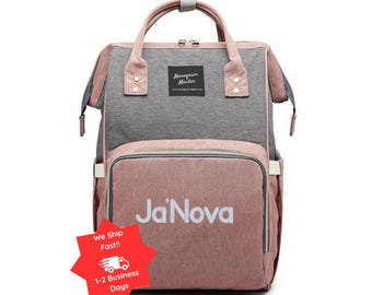 Embroidered Pink/Grey Canvas Diaper Bag Backpack – Personalized Baby Shower Gift