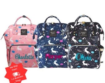 Unicorn Embroidered Diaper Bag Backpack – Personalized Nappy Bag, Baby Shower Gift