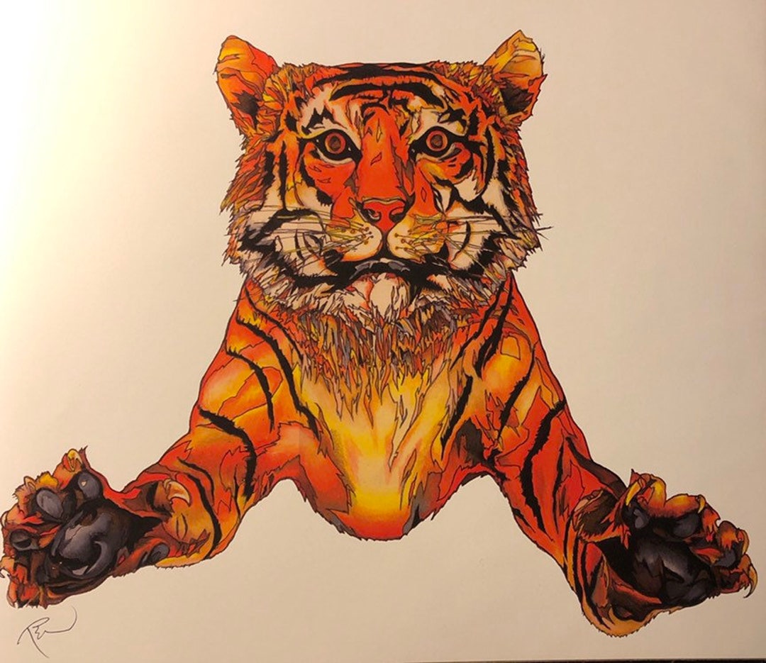 Tiger Fine Art Print Lifelike Animal Drawing, Tiger Jumping, Brightly