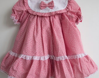 Pink Baby Girl's Dress Age 2yrs Cotton Toddler Romany Vintage Spanish Ditsy Floral Frilly Lace Bow & Collared Puff sleeved Party Handmade