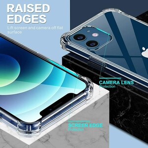 May include: A clear phone case with raised edges to protect the screen and camera lens. The case is designed to lift the phone off flat surfaces, protecting the phone from scratches.
